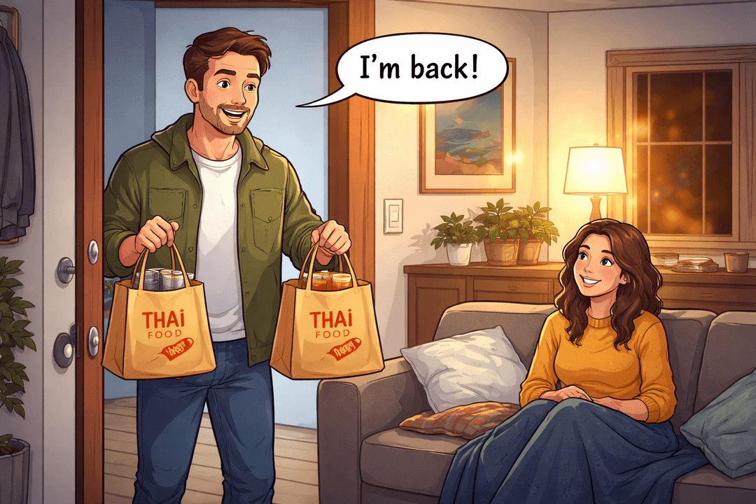Alex sitting on the couch while someone arrives home with Thai food bags